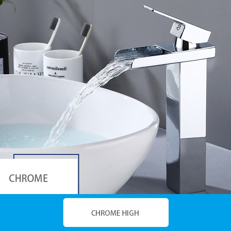 Waterfall Matte Black Deck Mounted Bathroom Basin Mixer Tap Basin Vessel Sink Faucet Cold Water Faucet for Basin Tap: Chrome High