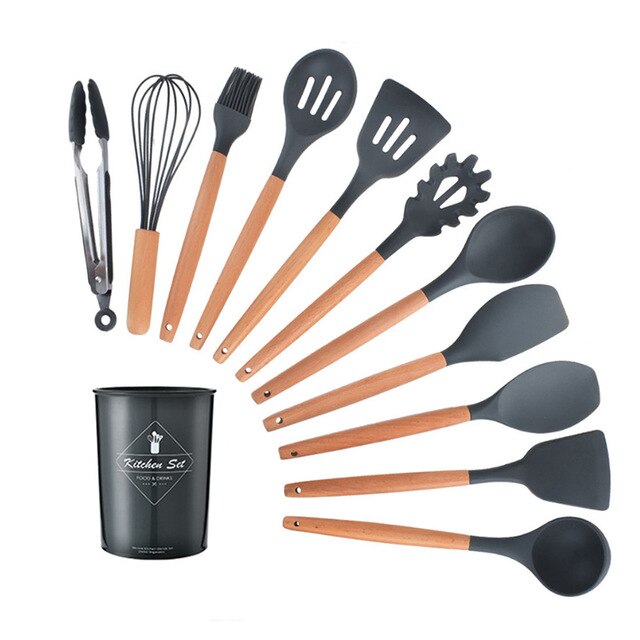 ATUCOHO 12PCS Kitchen Utensils Cooking Kit Silicone Accessories Spaghetti Food Clip Oil Brush Spatula Egg Beater Kitchen Tools: BLACK-12PCS