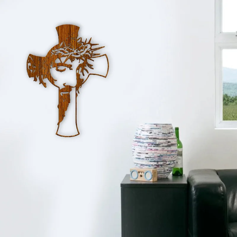 Cruz de madera, arte de pared cristiano, adornos artesanales, gancho, de agujero, tallado calado, decoración religiosa para sala de estar, 25cm