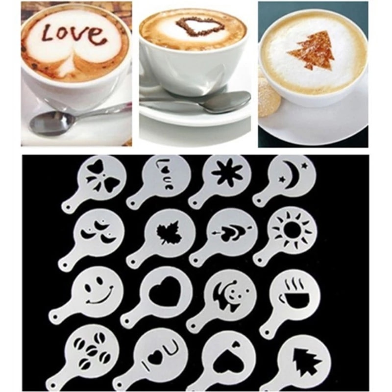 16 Stks/set Van Fancy Koffie Afdrukken Bloem Mold Latte Koffie Cappuccino Mold Koffie Cake Decoratie Cake Plastic Mal Template