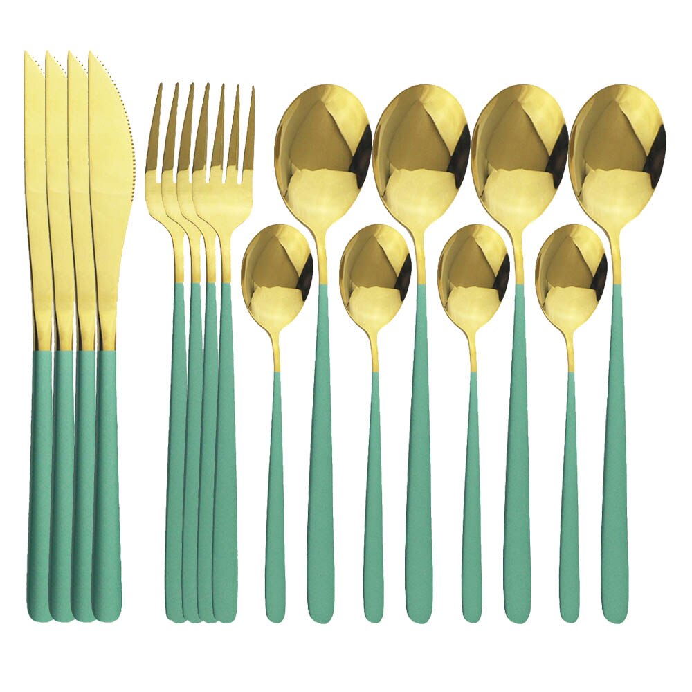 Couverts en acier inoxydable pièces/ensemble, 16 pièces, or rose 18/10, service de table, couteaux, fourchettes, cuillères, vaisselle de cuisine, argenterie: Green Gold