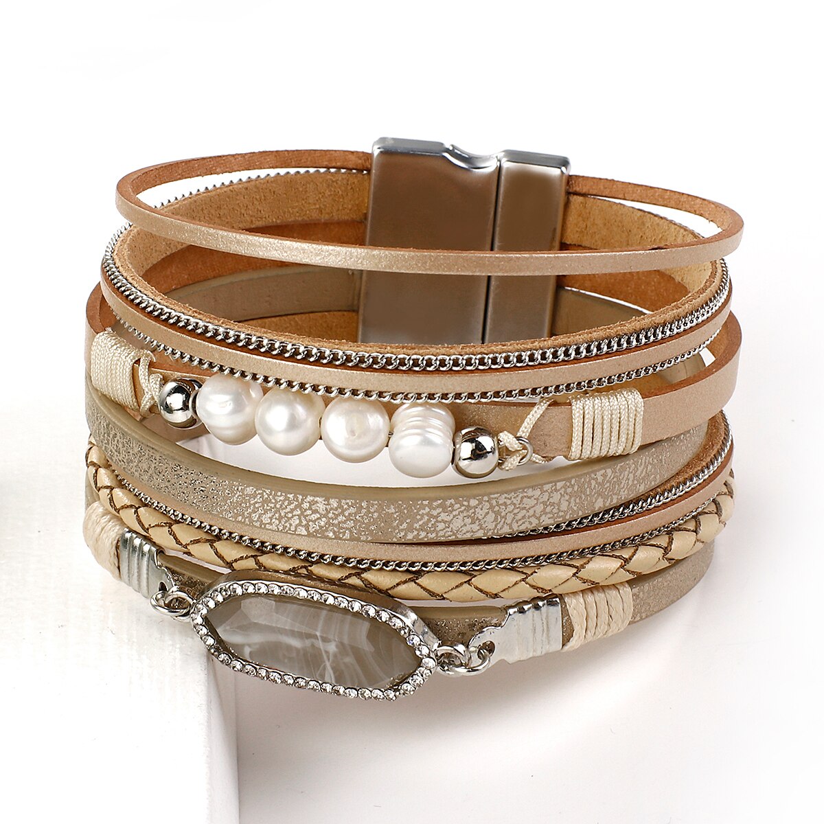 ALLYES Resin Charm Pearl Beads Leather Bracelets for Women Multilayer Wrap Bracelet Summer Jewelry Wedding