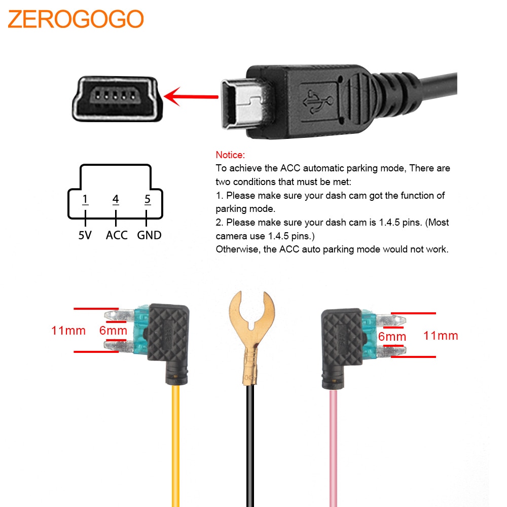 Zerogogo hardwire kit 12v to 5v hardwire voor dashcam auto adapterkabel voor dvr opladen voor dashcam draad voor dvr met acc