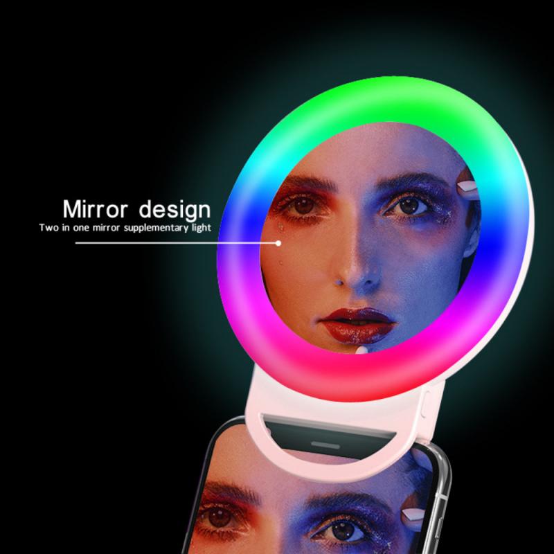 Rgb Selfie Led Ring Licht Cirkel Mini Mobiele Telefoon Lichten Lamp Op De Voor Telefoon Oplaadbare Clip-On Make-Up spiegel Vullen