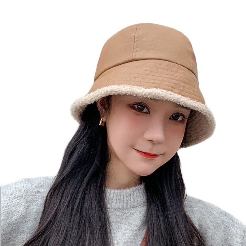 Faux pu skinn bøttehatt kvinner vinter varm lam kashmir flat utendørs fiskehetter uformelt dame panama fiskerhatter: kaki