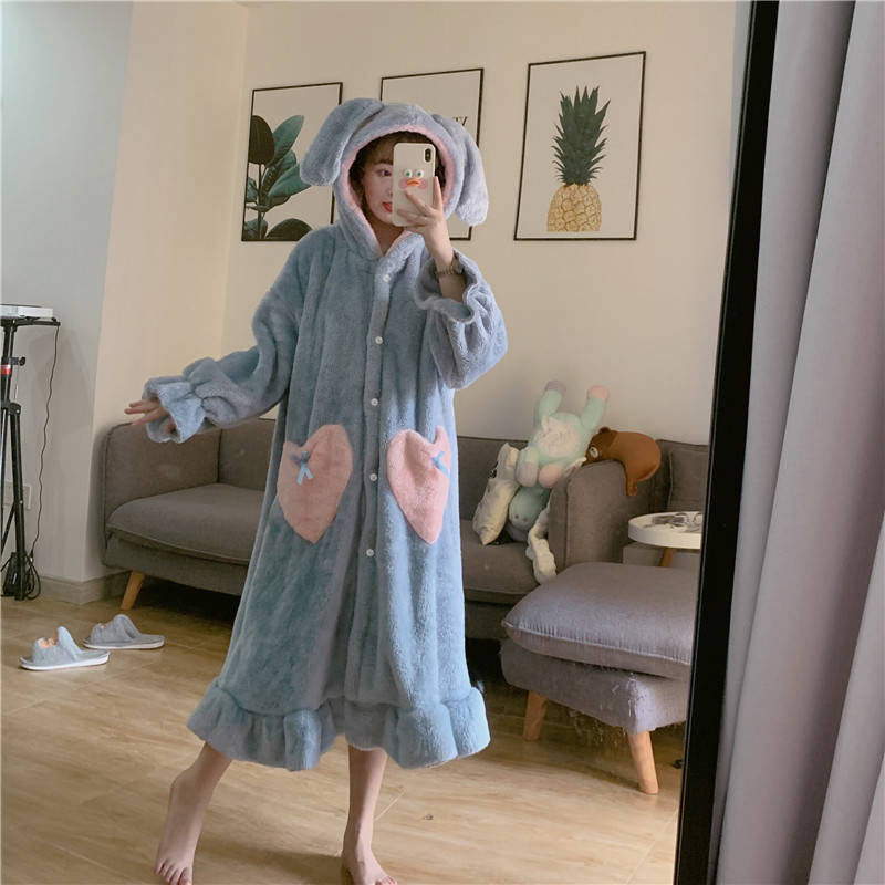 Túnicas de franela con capucha para mujer, ropa cálida y suave con bolsillos en forma de corazón, color rosa, de terciopelo, gruesa, Kawaii, para el hogar, estudiantes de estilo coreano diario