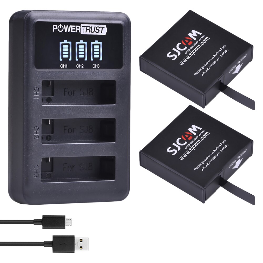 3X1200 Mah Originele SJ8 Oplaadbare Li-Ion Batterij + Led 3-Kanaals Usb Oplader Voor Sjcam SJ8 Serie sport Actie Camera: 2Battery and charger