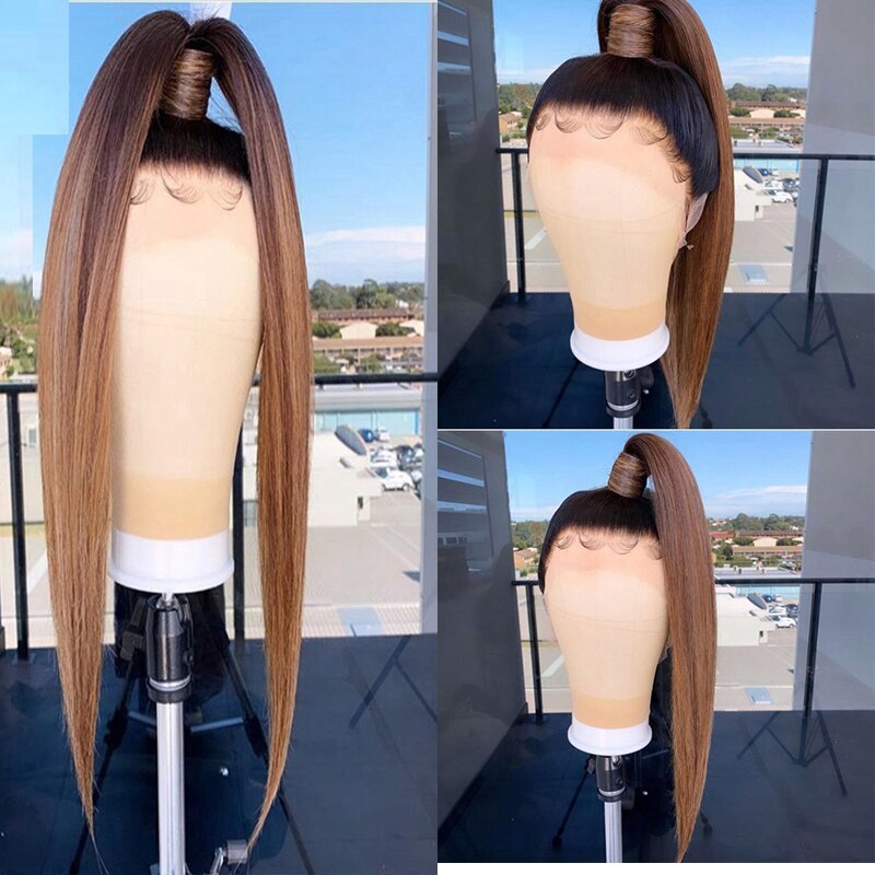 Ombre Brown 1B30 color Hair Lace Front Wigs Dark Root Ombre Synthetic Long Straight Wigs Heat Resistant Fiber Hair Cosplay Wig