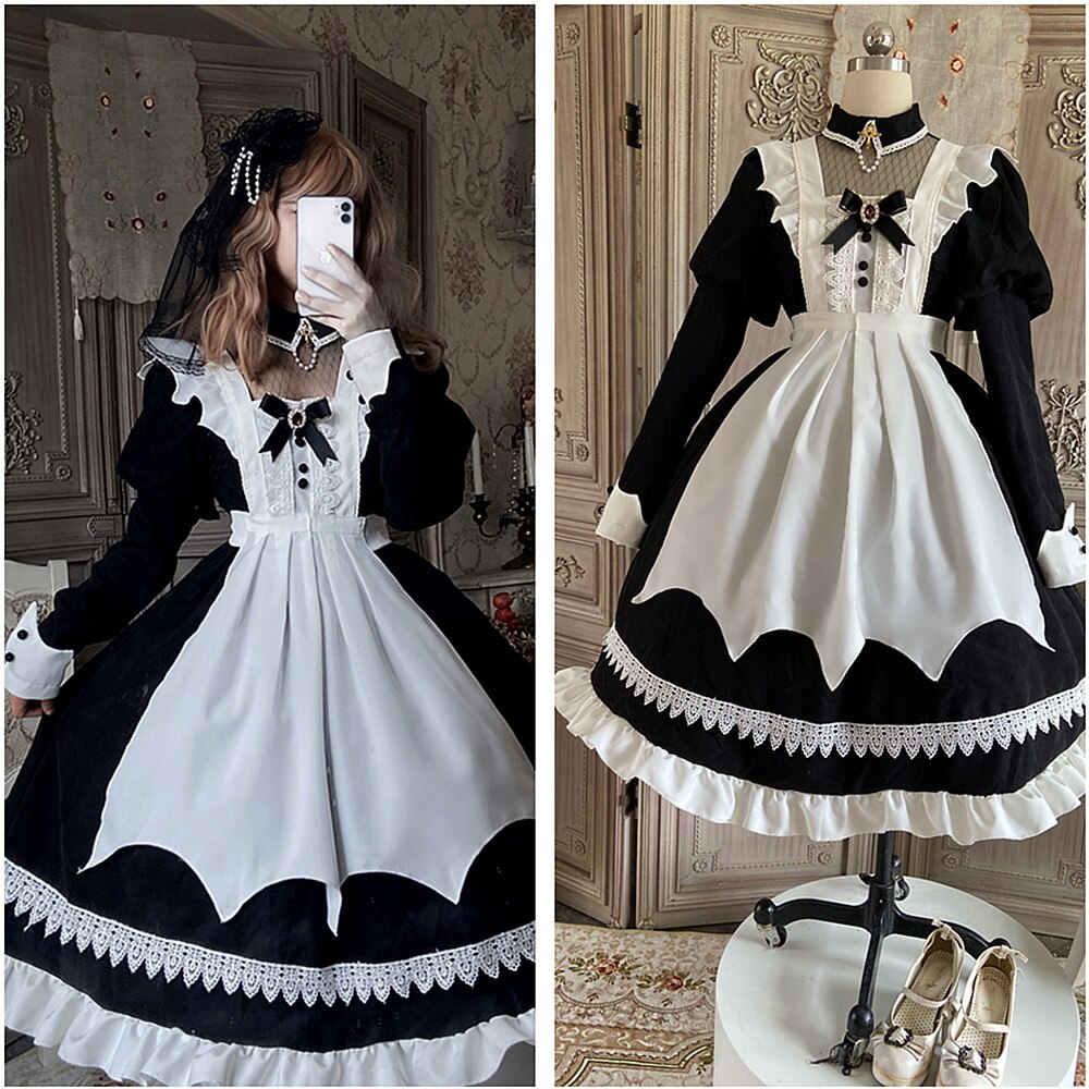 Lolita – robe longue de demoiselle d&#39;honneur, rétro, tablier , combinaison à manches bouffantes, taille haute, Kawaii, gothique, Lolita Op Loli Cos