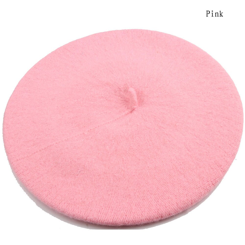 pas cher nouvelles femmes laine solide couleur béret femme Bonnet casquettes hiver tout assorti marche chapeau casquette 20 couleur: Rose