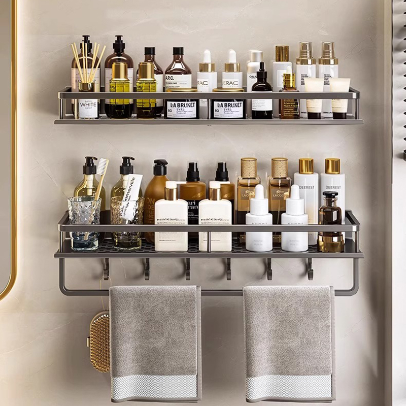 Estante de baño con barra de toalla montado en la pared, estante de ducha de aluminio gris, soporte de champú de baño negro, soporte de cesta, estante de esquina