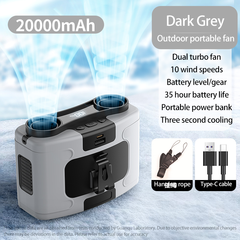 20000 mAh tragbarer Taillenventilator, schnell kühlender hängender Halsventilator, 10 Gänge, Geschwindigkeiten, Doppelmotoren, starker Wind, Außenventilator mit Powerbank: Burgunderrot
