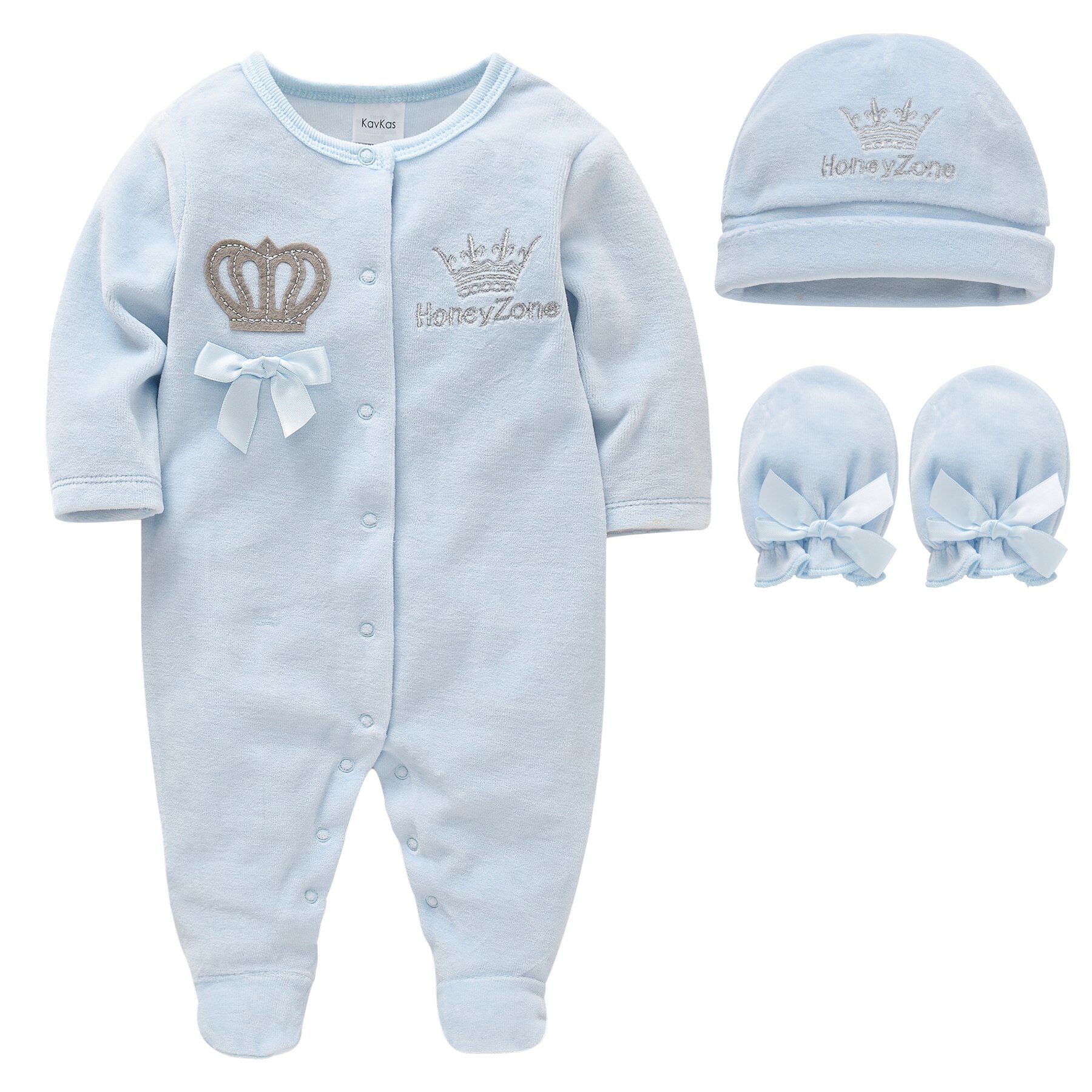 Fluwelen Schattige Baby Meisje Jongen Kleding Cartoon Crown Hoeden Handschoenen Katoen Jumpsuit Zachte Pasgeboren Sleepers Jeans Pjiamas Худикупальник