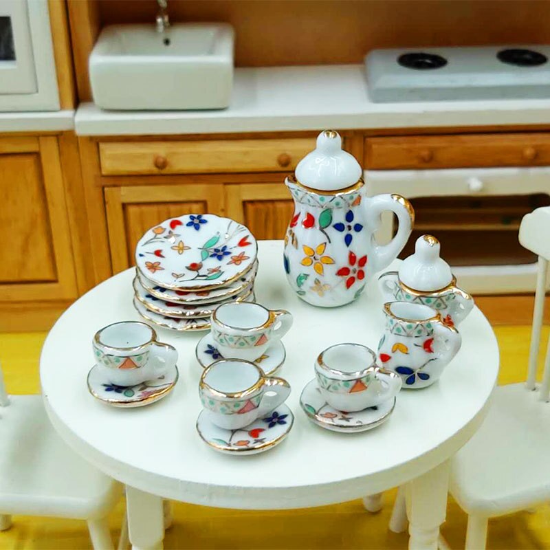 15pcs 1:12 Mini Porcelain Tea Cup Set China Flower Tableware Kitchen Doll House Scene Model Play House Toys