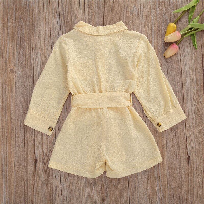 2020 autunno Del Bambino Del Bambino Della Ragazza Del Bambino Vestiti A Maniche Lunghe Pagliaccetto di Un Pezzo del Risvolto del Collo Bottoni Vita del Legame Shorts Tuta Outfit 2-6Y