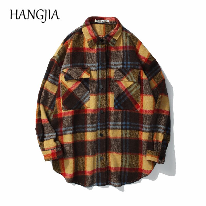 Mens Geborsteld Flanel Plaid Jas Shirts Hip Hop Wollen Oversized Gestreepte Lattice Jassen Uitloper Vrouwen Thicking Herfst Winter