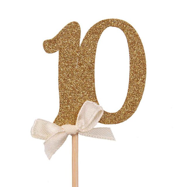 CMGBOBP 10 pcs Gold Glitter Cake Topper Number Cupcake Toppers Birthday Party Decorations Picks Baby Shower Kids Favors: 10pcs number 10