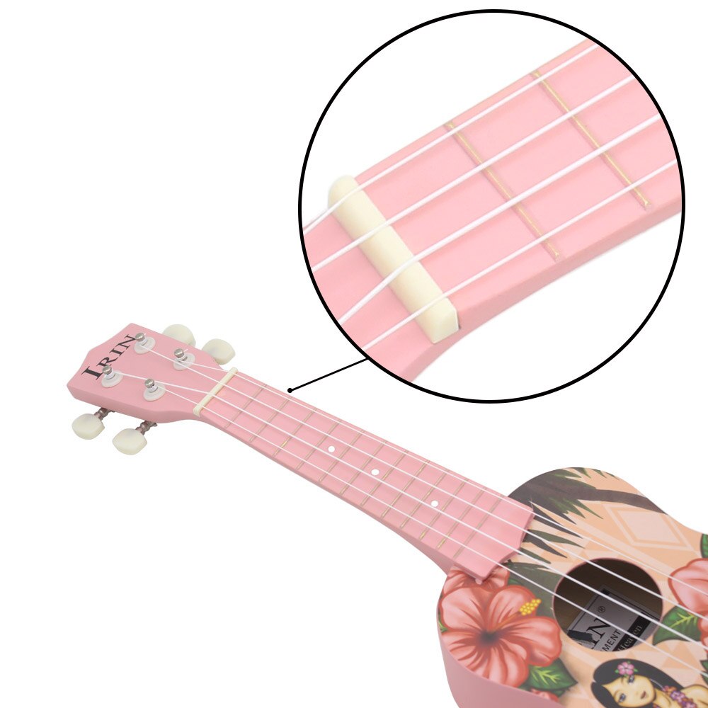 Irin 21 inch akoestische sopraan ukelele ukelele uke lindehout materiaal met prachtige hawaiiaanse stijl patronen roze ukelele
