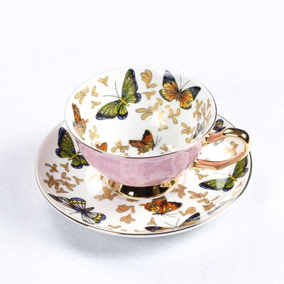 GLLead Bone China Kopje Koffie Sets Kleurrijke Vlinder Keramische Thee Kopjes En Schoteltjes Britse Office Theekopje Porselein Leuk Cadeau: Style E