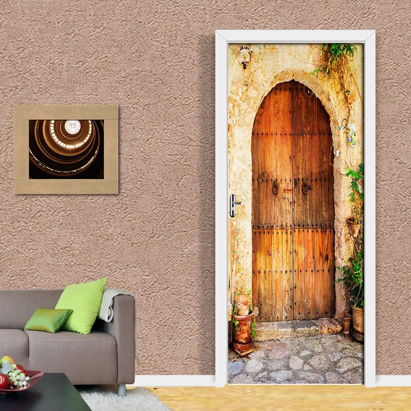 Pvc Self Adhesive Door Sticker Retro Street Wood Door 3D Sliding Door Wallpaper Living Room Bedroom Home Decorative Wall Sticker