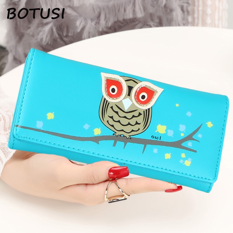 Botusi carteira de coruja para mulheres, desenho animado, porta-cartões, de couro, capa para passaporte, moda feminina, simples, multifuncional: SKYBLUE