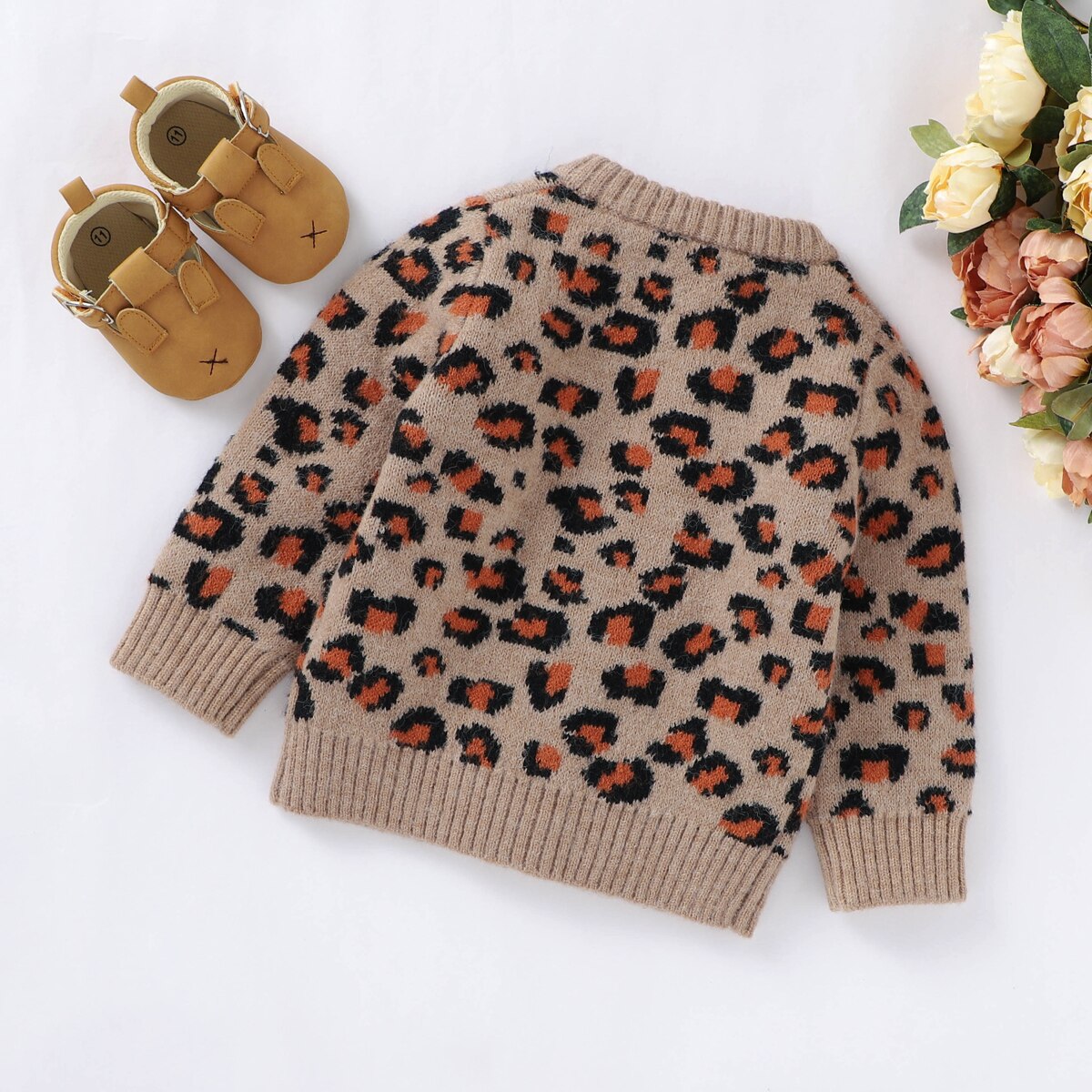 Autumn Winter 0-24M Leopard Print Baby Girls Sweater Coat Long Sleeve V-Neck Button-up Casual Cardigan
