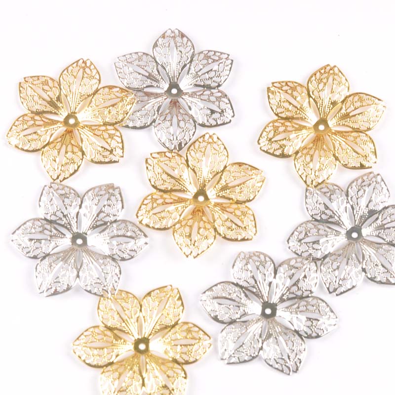 10 Uds. De Artesanía de Metal de flores huecas, envolturas de filigrana, conectores para pendientes, fabricación de joyas, accesorios de decoración para álbum de recortes, 43mm, ykl0782