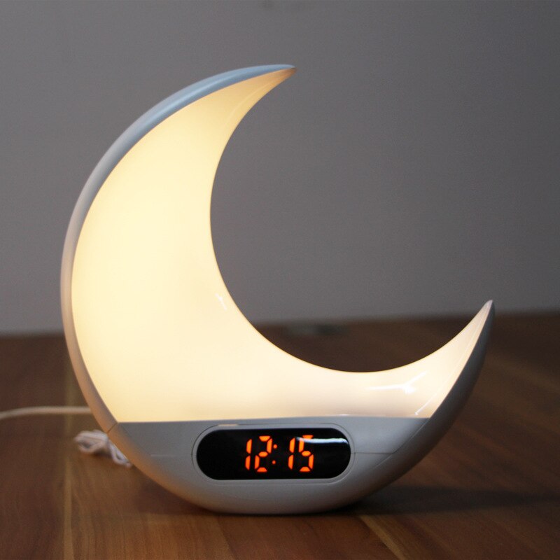 Moon Digital Alarm Clock Wake Up Light LED Lamp Electronic Desk Clock Simulating Sunrise/Sunset Colorful Light with FM Radio