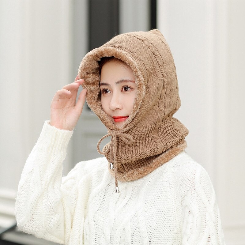 Lue skjerf hette dame vinter pluss fløyel fortykket sykkel alt-i-ett varm strikket ulllue