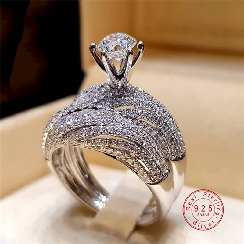 Mode 925 Sterling Zilveren Classic Big Crystal Ring Voor Vrouwen 2 Stk/set Engagement Wedding Aaa Cz Alle Zirkoon Ringen sieraden