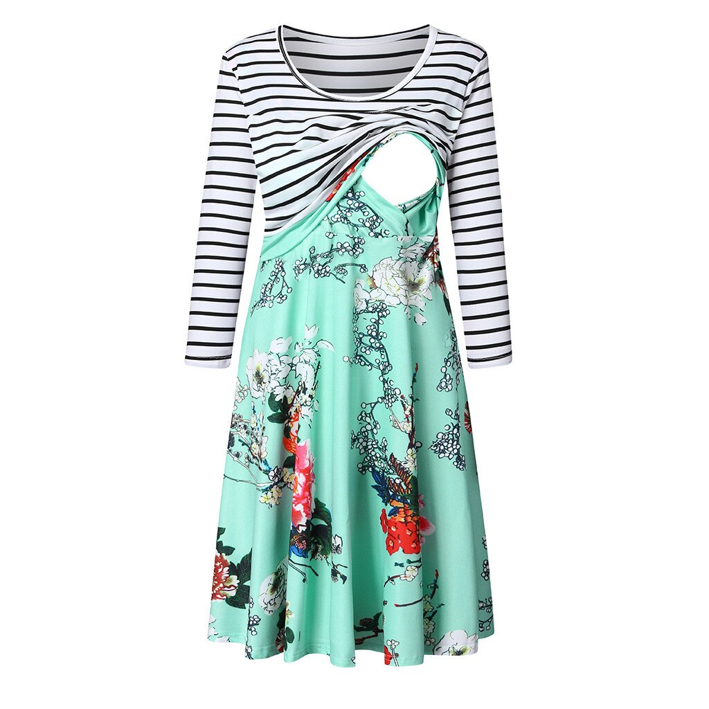 #50 Breastfeeding Clothes Nursing Dress Women Pregnant Nusring Maternity Long Sleeve Print Floral Splicing Stripe Dress: Green / XL