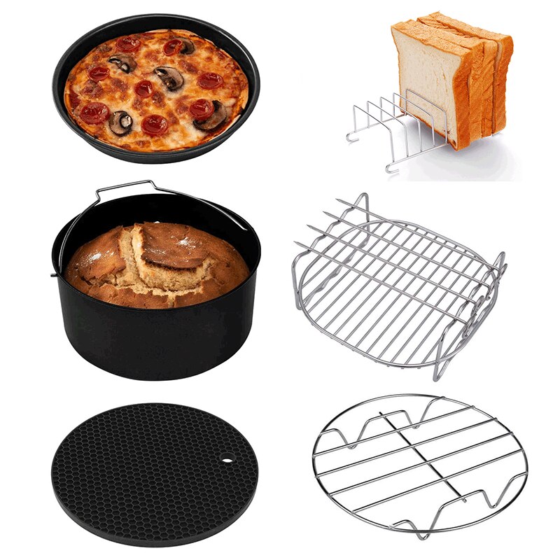 6Pcs 7 Inch Air Fryer Accessories Set Cake Barrel Baking Basket Pizza Plate Grill Pot Kitchen Cooking Air Fryer Tools