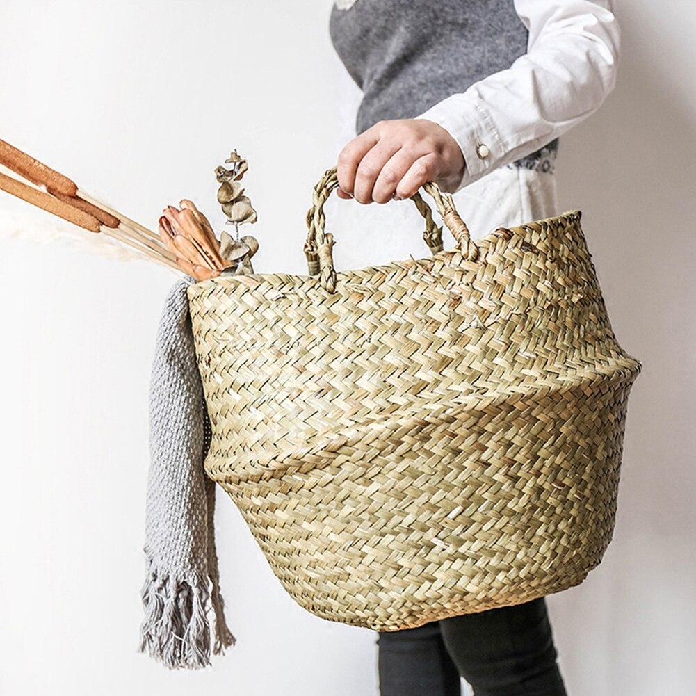 Handmade Bamboo Storage Baskets Foldable Laundry Straw Patchwork Wicker Rattan Seagrass Belly Garden Flower Pot Planter Basket