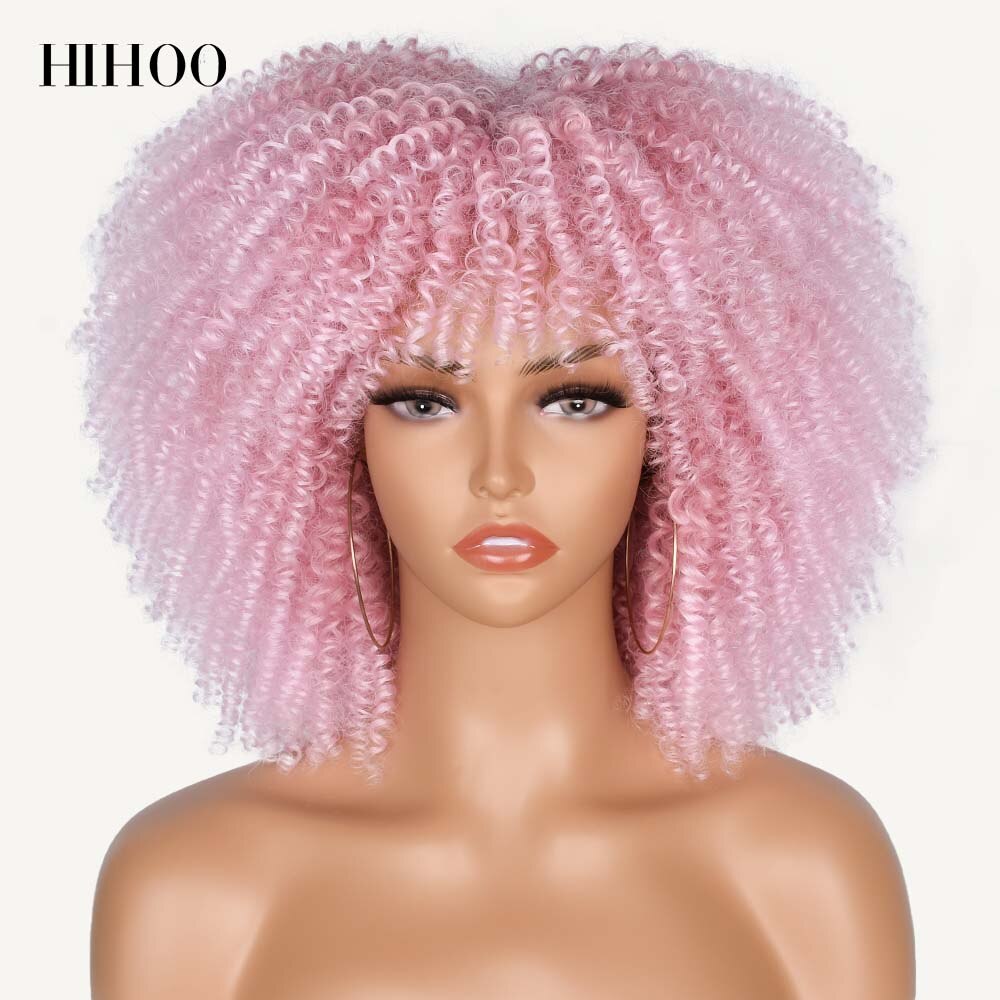 Short Hair Afro Kinky Curly Wigs With Bangs For Black Women Cosplay Lolita Synthetic Natural Blonde White Pink Blue Green Wig: 1608-2317