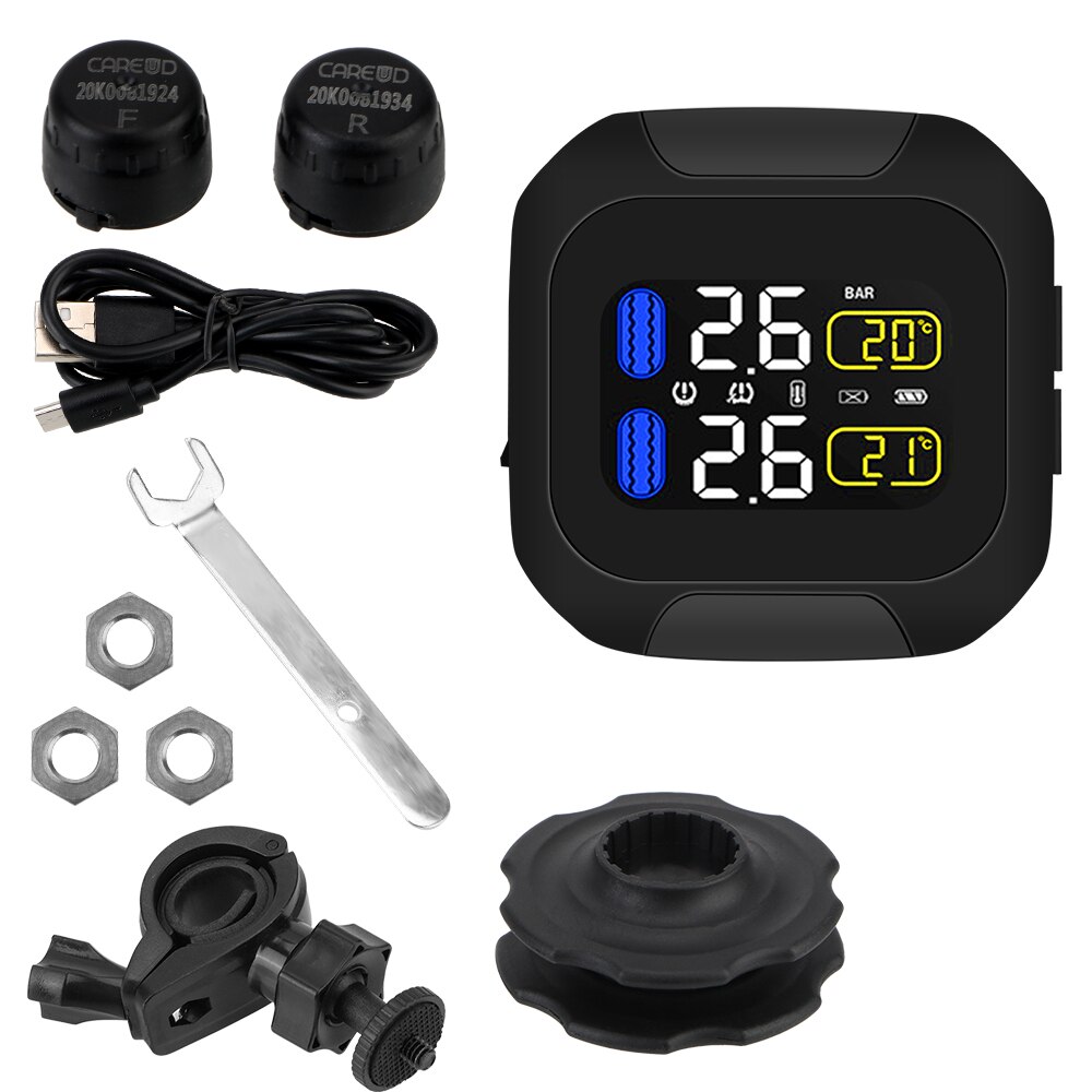 Motor Tire Pressure Monitoring System LCD Display Motorcycle TPMS Tyre Temperature Alarm 2 External Internal TH/WI Sensors: External Black