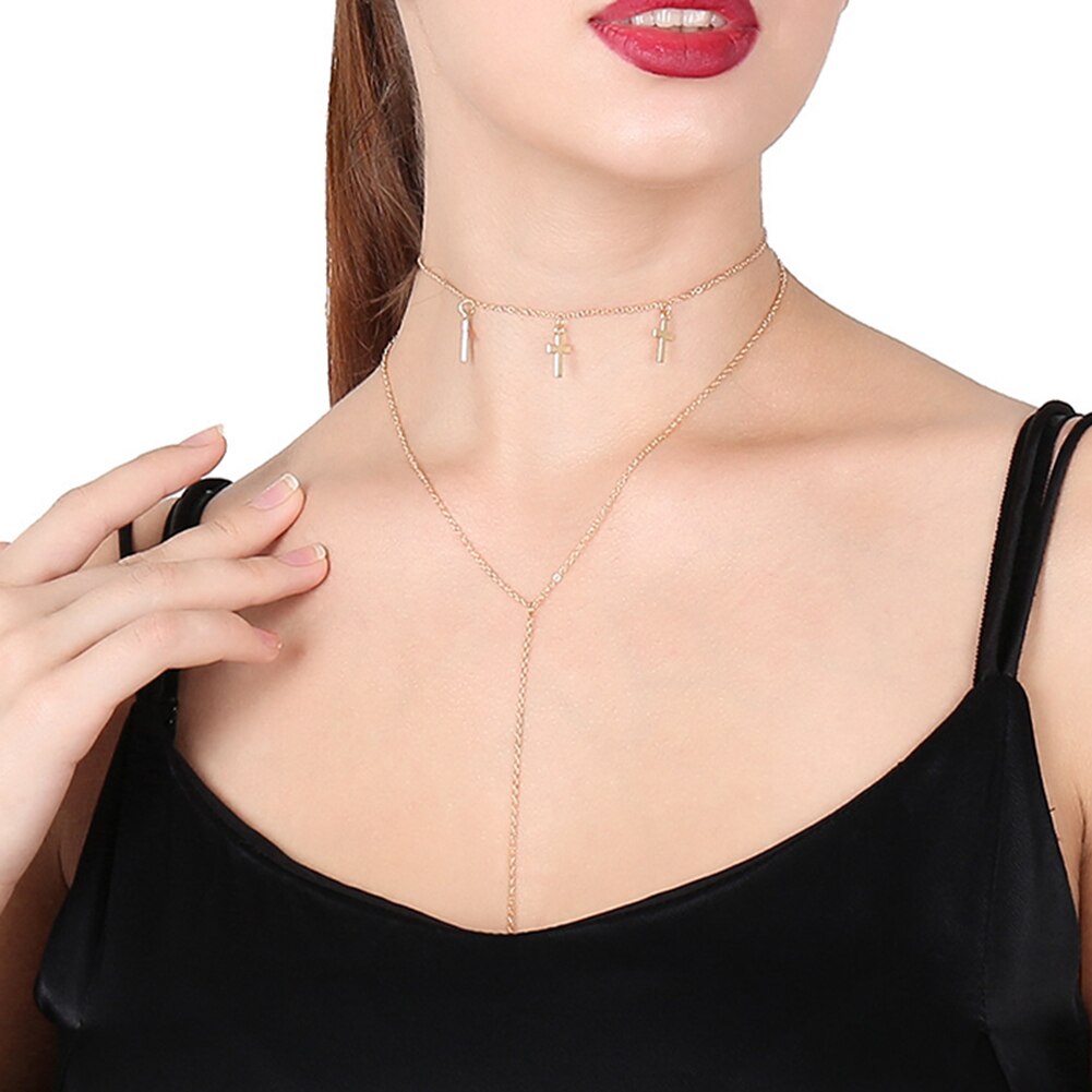 Eenvoudige Vrouwen Dubbele Laag Kruis Hanger Kwastje Ketting Ketting Partij Sieraden Vrouwelijke Bruiloft Sieraden