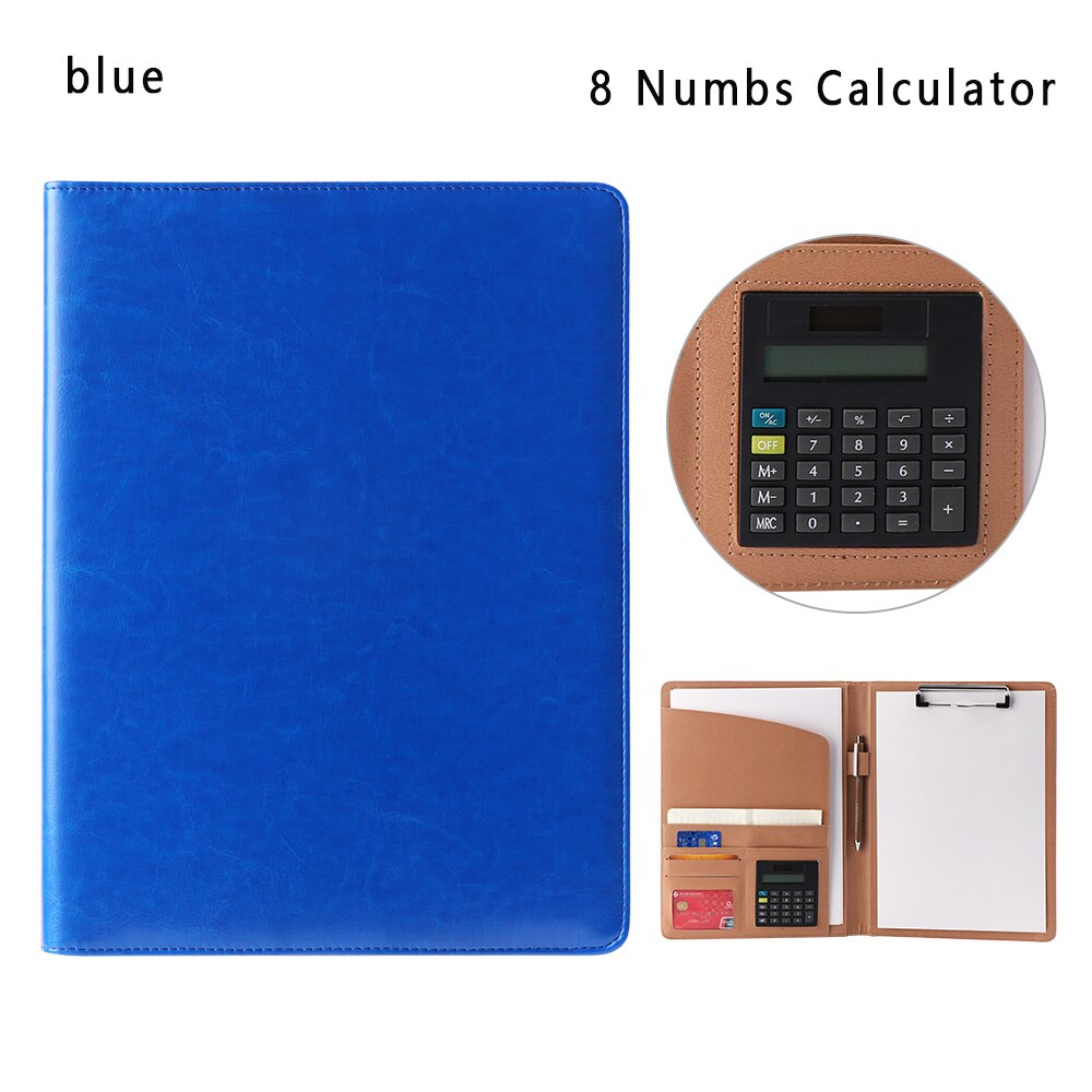 A4 PU Leather File Folder With Calculator Multi-function Business Document Pads Manager Portfolio Office Supplies: calculator blue