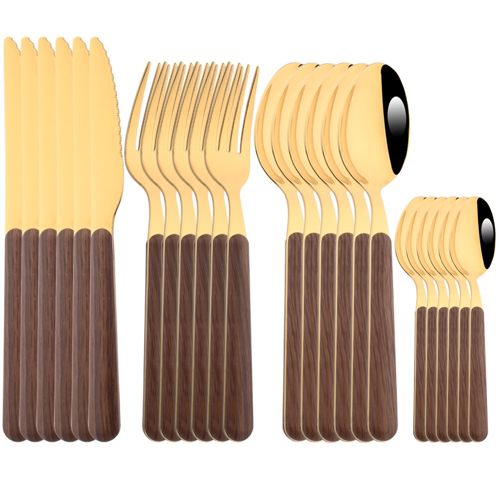 Drmfiy 16/24P Dinnerware Set Imitation Wooden Handle Cutlery Set Western Silverware Knife Fork Spoon Storage Rack Tableware Set: 24Pcs Brown Gold