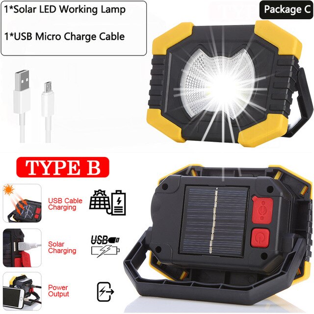 100W Led Work Light 180 Degrees Adjustable Lanterns Built-in Battery Spotlight Rechargeable Solar energy for Outdoor Camping: Package C