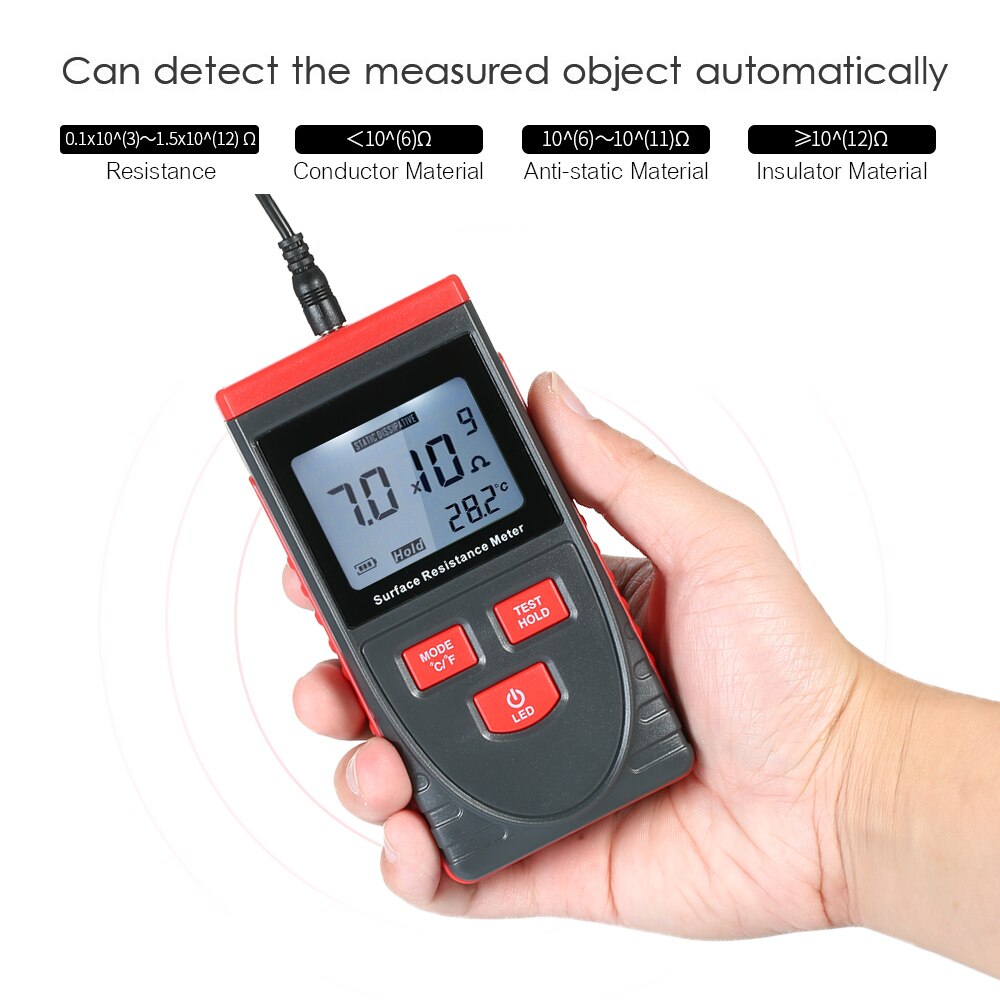 Handheld Surface Resistance Meter Anti-static Insulation Resistance Tester with LCD display Temperature Measurement