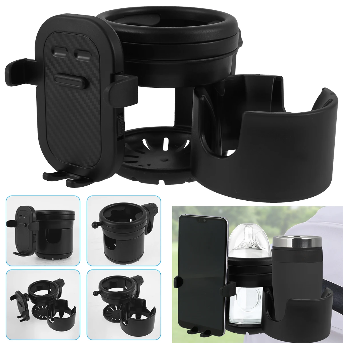 Kinderwagen Bekerhouder Universele Kinderwagen Waterflesstandaard 360° ° Roterende telefoonhouder Dubbel gat Babyauto's Organizer Cup Rack