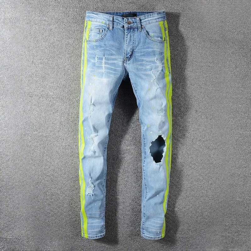 Groene Kant Streep Print Heren Jeans Skinny Flex Jeans Ripped Gat Jeans Heren Zomer Plus Gestapeld jeans: 40
