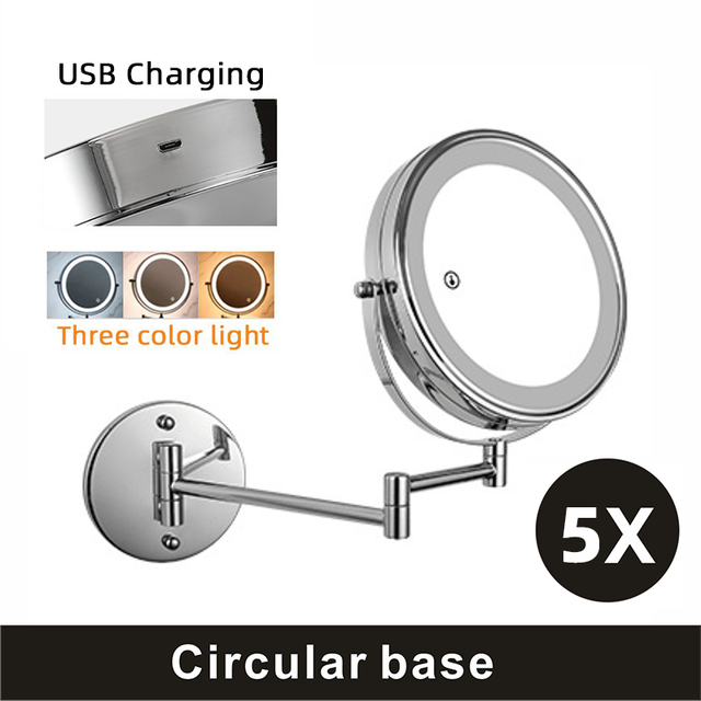 8 inch Wall Mounted Makeup Mirror 3X / 5X Magnifying Double Side Folding Arm Extend Bathroom Smart Hotel Cosmetic Mirrors: 8in 3Color 5x USB