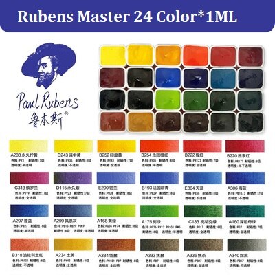 Handmade 24 Color 1ML Watercolor Set Artist Painting Watercolors Art Supplies Sample Trial Pack Metal Palette: Rubens 24