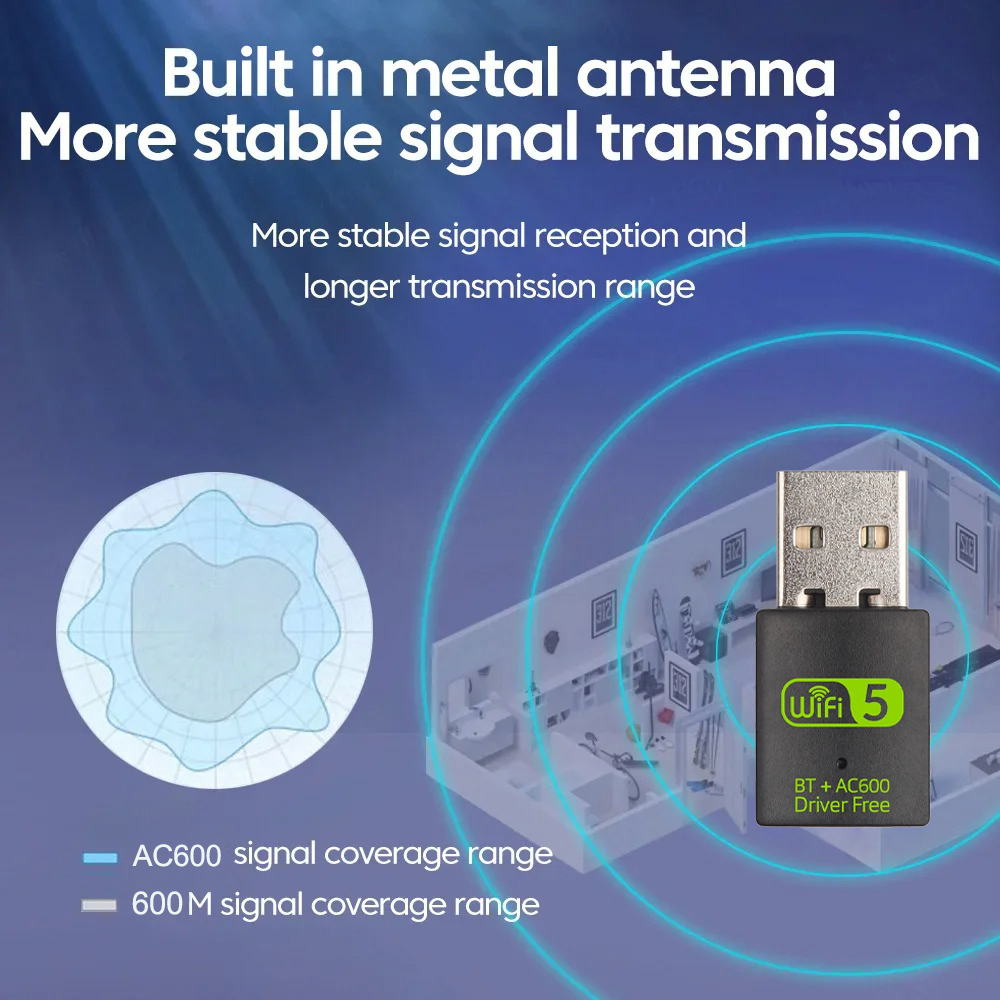 Adattatore wireless usb 600 mbps wifi 5 scheda di  ac600 dual band 2.4g/5 ghz bluetooth 4.2 per windows 7/8/10/11 driver gratuito
