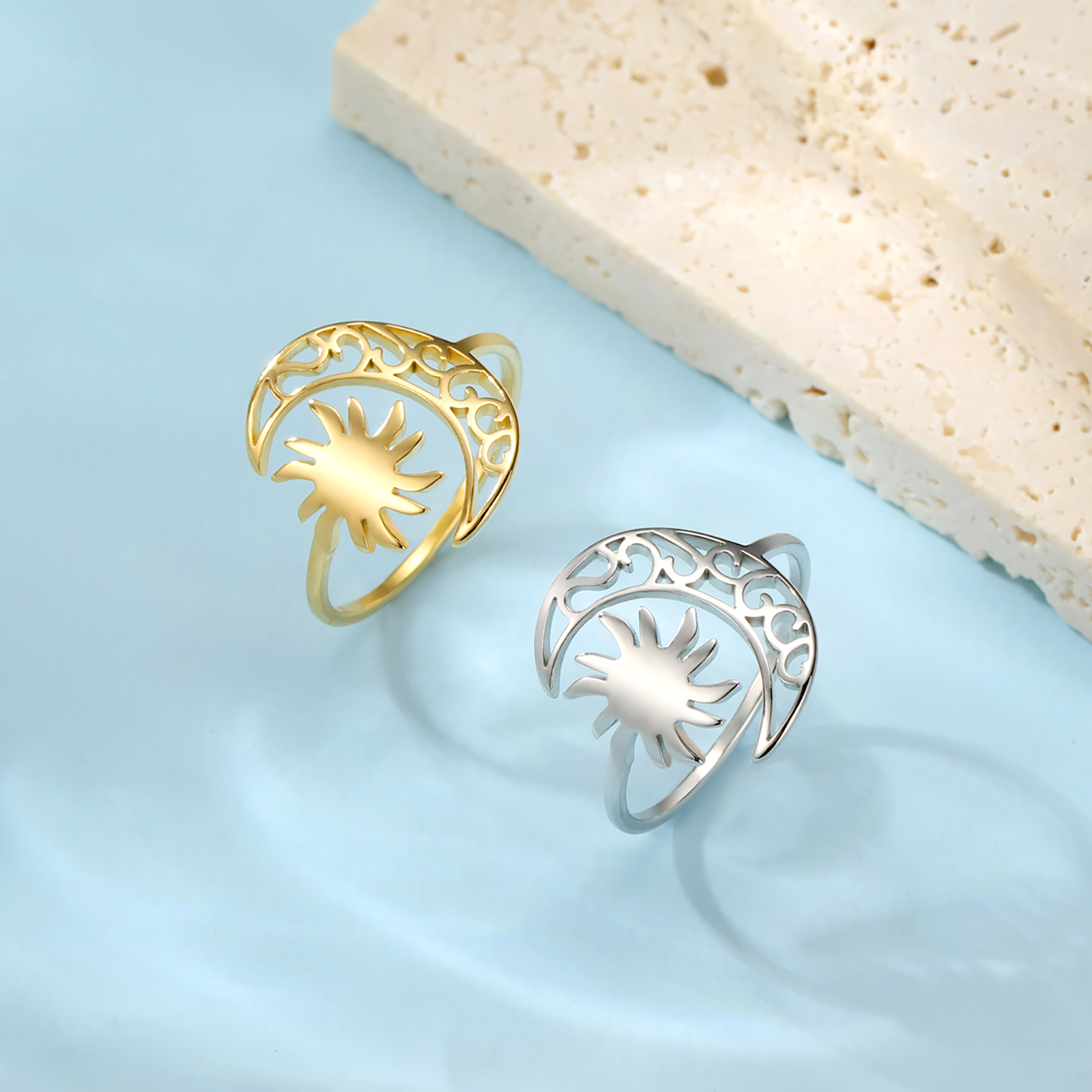 Skyrim-Anillo de sol con forma de luna creciente para mujer, anillos abiertos de acero inoxidable, joyería bohemia de , de cumpleaños,