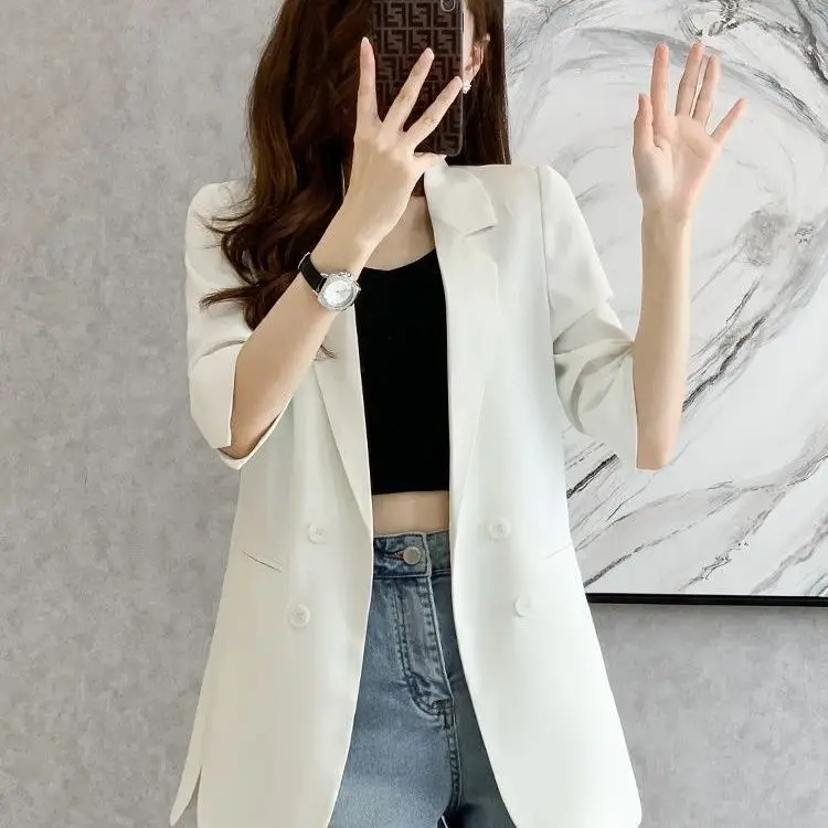 Casual Mid-Length Single-Layer Suit Jacket 7/8 Sleeve Black White Lightweight Summer Of The Season Fashionable Women's