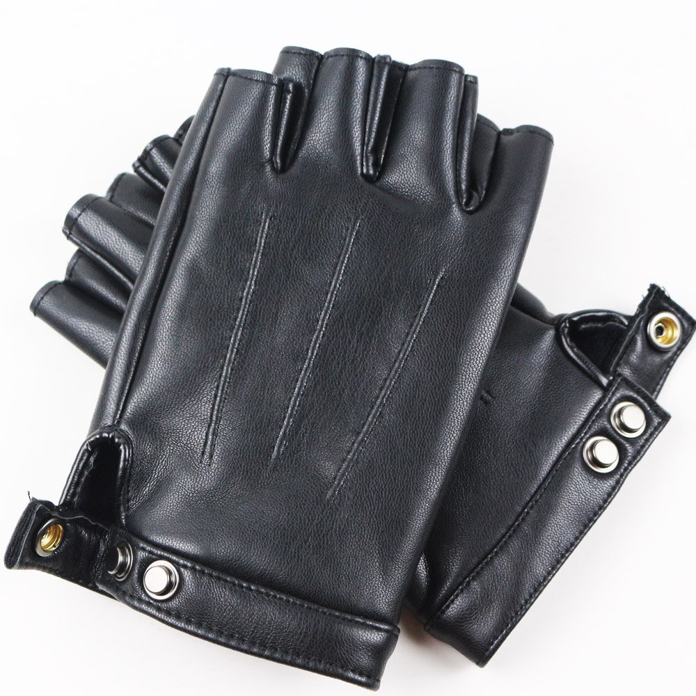Guantes sin dedos de cuero sintético para hombre y mujer, manoplas gruesas con botón, cálidas, de medio dedo, para conducir, color negro,