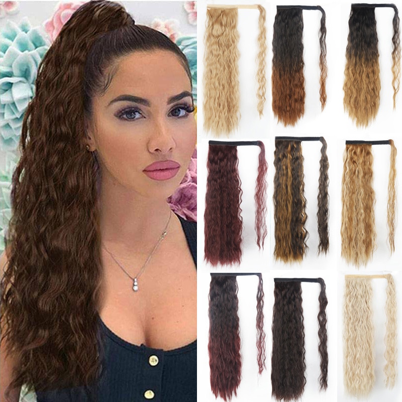 Werd lockigt lång hästsvans syntetiskt hårstycke wrap on clip hair extensions ombre brun hästsvans blont hår