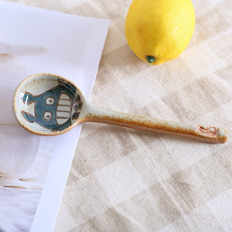 Handmade Ceramic Spoon Hand Painted Japanese Cartoon Cat Household Product Long Handle Spoon Kitchen Tableware 1 Piece: 8